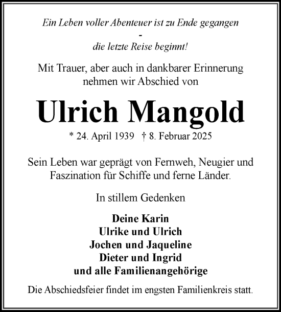 Traueranzeige von Ulrich Mangold von Eckernförder Zeitung, Hallo Eckernförde