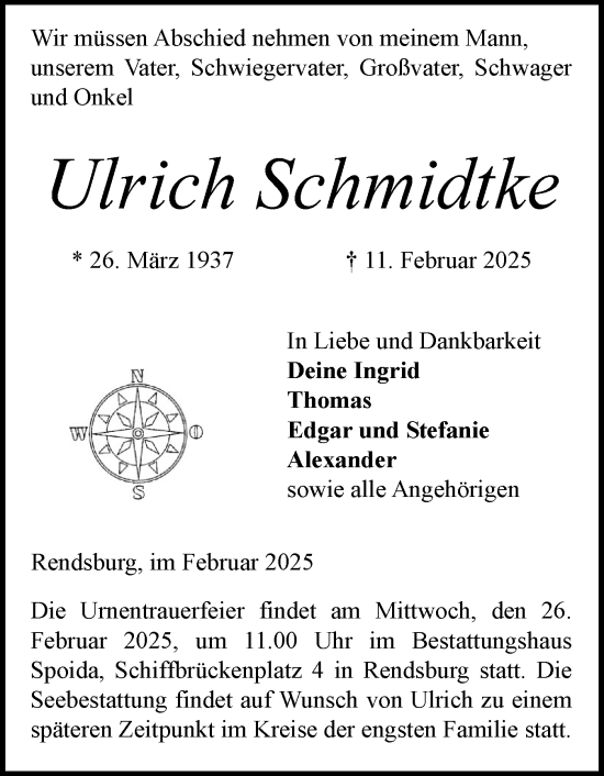 Traueranzeige von Ulrich Schmidtke von Schleswig-Holsteinische Landeszeitung