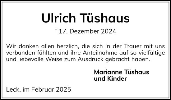 Traueranzeige von Ulrich Tüshaus von Husumer Nachrichten, Nordfriesland Tageblatt