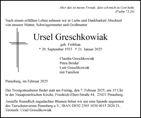 Traueranzeige von Ursel Greschkowiak von Region Pinneberg und tip Pinneberg