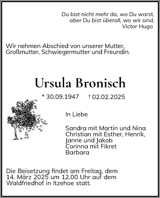 Traueranzeige von Ursula Bronisch von Norddeutsche Rundschau, Wilstersche Zeitung, Glückstädter Fortuna
