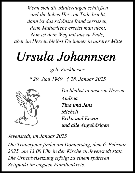 Traueranzeige von Ursula Johannsen von Schleswig-Holsteinische Landeszeitung