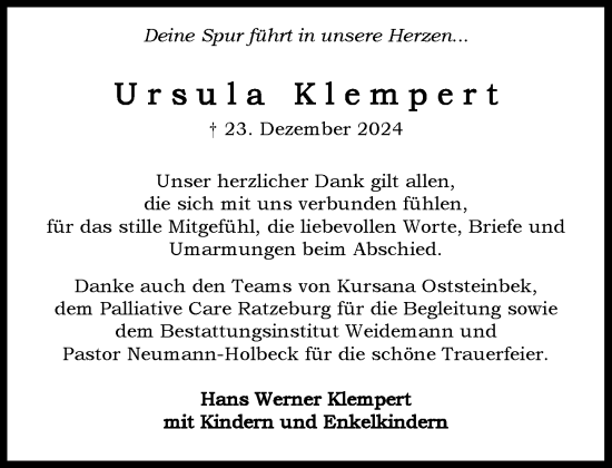 Traueranzeige von Ursula Klempert von MARKT Glinde/Reinfeld