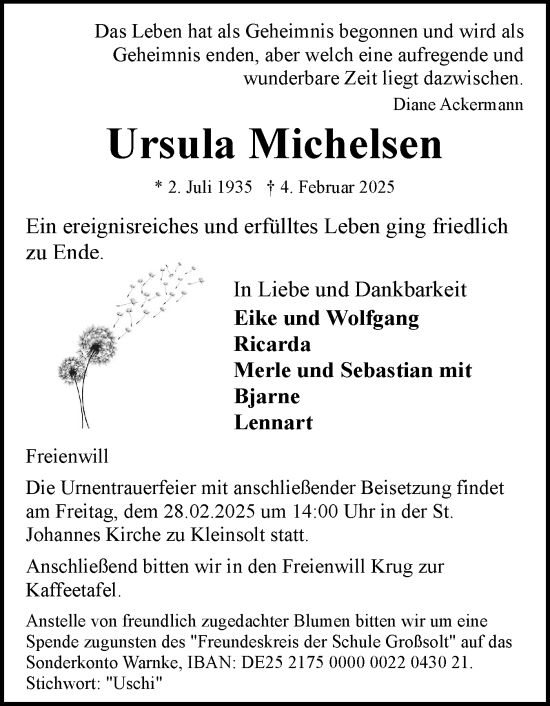Traueranzeige von Ursula Michelsen von Flensburger Tageblatt