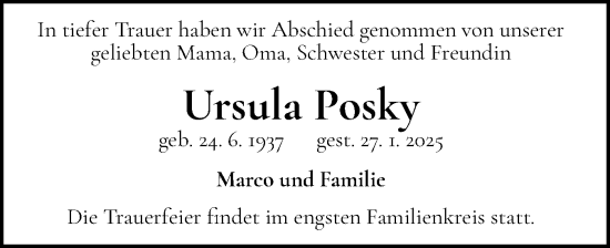 Traueranzeige von Ursula Posky von Holsteinischer Courier