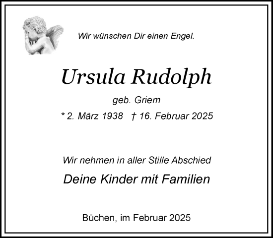 Traueranzeige von Ursula Rudolph von Wochenend Anzeiger