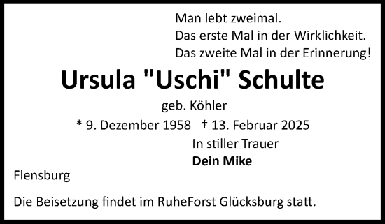 Traueranzeige von Ursula Schulte von Flensburger Tageblatt