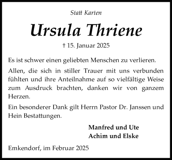 Traueranzeige von Ursula Thriene von Schleswig-Holsteinische Landeszeitung