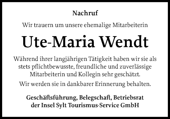 Traueranzeige von Ute-Maria Wendt von Sylter Rundschau