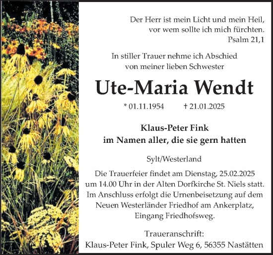 Traueranzeige von Ute-Maria Wendt von Sylter Rundschau