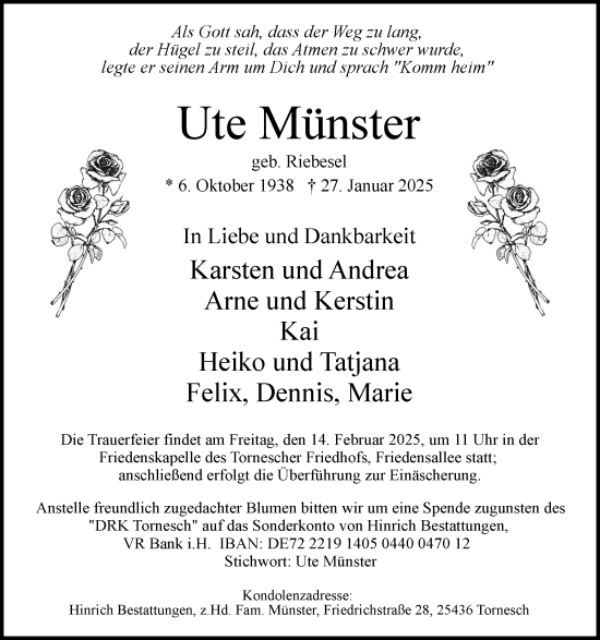 Traueranzeige von Ute Münster von Uetersener Nachrichten, Der tip am Wochenende