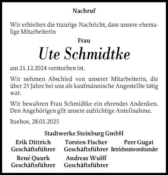Traueranzeige von Ute Schmidtke von Norddeutsche Rundschau, Wilstersche Zeitung, Glückstädter Fortuna
