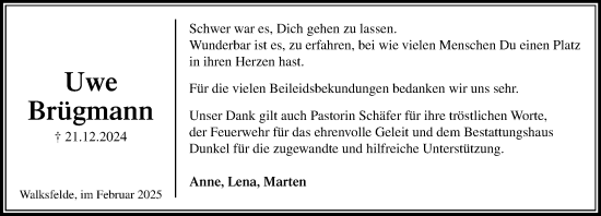 Traueranzeige von Uwe Brügmann von MARKT Ratzeburg/Mölln