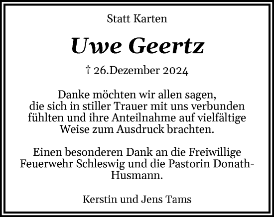 Traueranzeige von Uwe Geertz von Schleswiger Nachrichten, Schlei-Bote