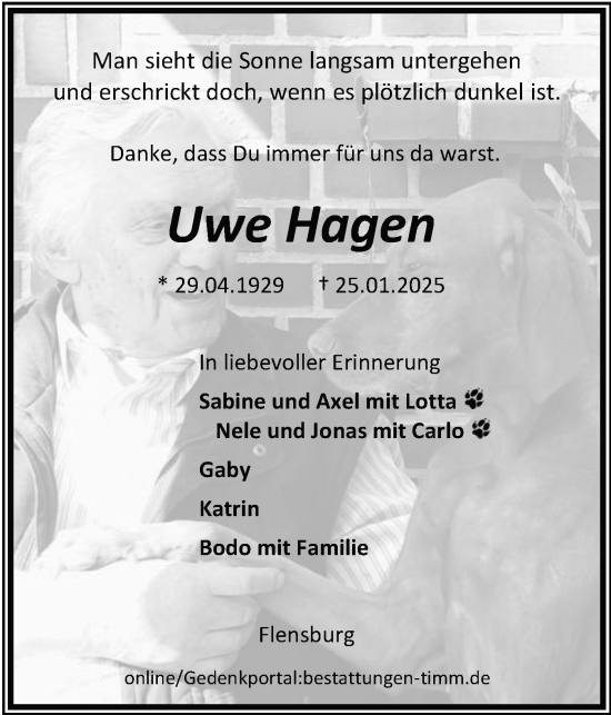 Traueranzeige von Uwe Hagen von Flensburger Tageblatt