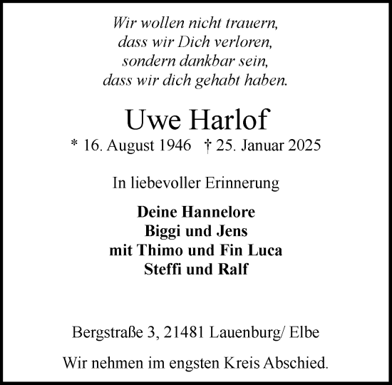 Traueranzeige von Uwe Harlof von Wochenend Anzeiger