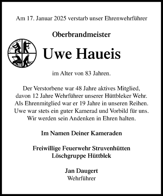 Traueranzeige von Uwe Haueis von Umschau