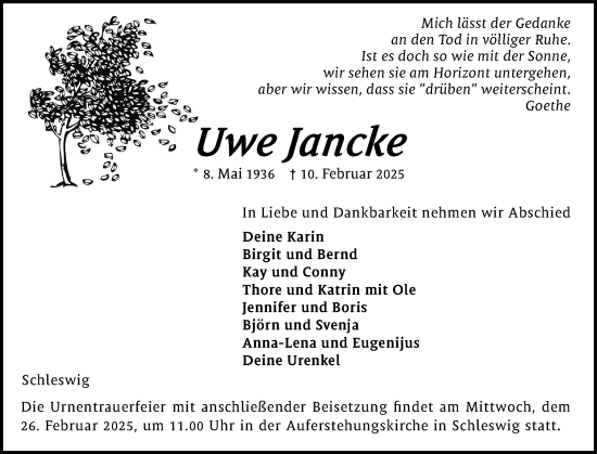 Traueranzeige von Uwe Jancke von Schleswiger Nachrichten, Schlei-Bote