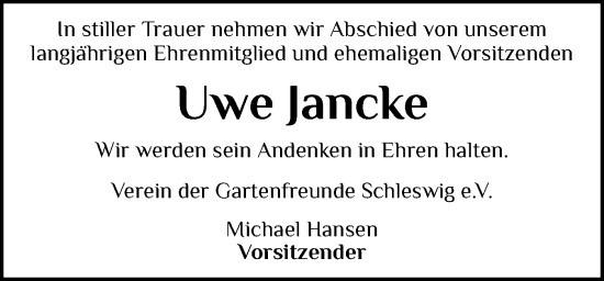 Traueranzeige von Uwe Jancke von Schleswiger Nachrichten, Schlei-Bote