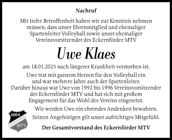 Traueranzeige von Uwe Klaes von Eckernförder Zeitung, Hallo Eckernförde