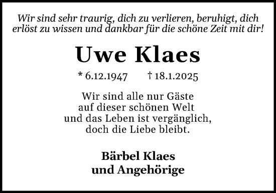 Traueranzeige von Uwe Klaes von Eckernförder Zeitung, Hallo Eckernförde