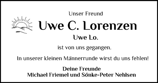 Traueranzeige von Uwe Lorenzen von Husumer Nachrichten, Nordfriesland Tageblatt