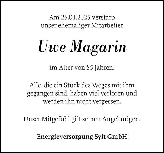 Traueranzeige von Uwe Magarin von Sylter Rundschau