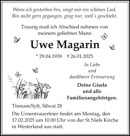 Traueranzeige von Uwe Magarin von Sylter Rundschau
