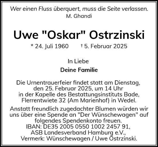Traueranzeige von Uwe Ostrzinski von Wedel-Schulauer Tageblatt, tip Wedel-Schulauer Tageblatt, tip Rissener Rundschau