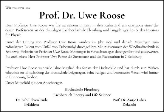 Traueranzeige von Uwe Roose von Flensburger Tageblatt