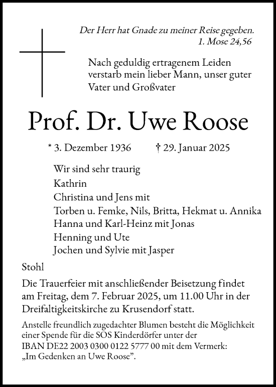 Traueranzeige von Uwe Roose von Flensburger Tageblatt