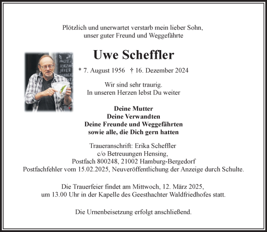 Traueranzeige von Uwe Scheffler von Wochenend Anzeiger