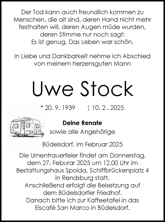 Traueranzeige von Uwe Stock von Schleswig-Holsteinische Landeszeitung