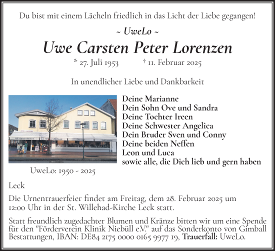 Traueranzeige von Uwe Carsten Peter Lorenzen von Region Flensburg
