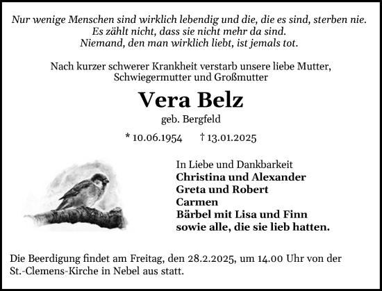 Traueranzeige von Vera Belz von Der Insel-Bote