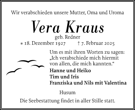 Traueranzeige von Vera Kraus von Husumer Nachrichten, Nordfriesland Tageblatt