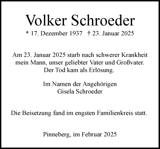 Traueranzeige von Volker Schroeder von Region Pinneberg und tip Pinneberg