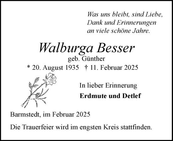 Traueranzeige von Walburga Besser von Elmshorner Nachrichten, Barmstedter Zeitung