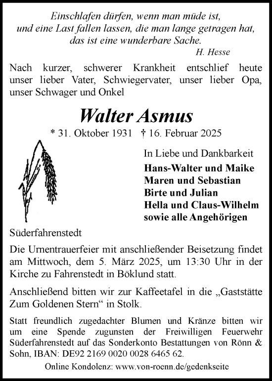 Traueranzeige von Walter Asmus von Schleswiger Nachrichten, Schlei-Bote