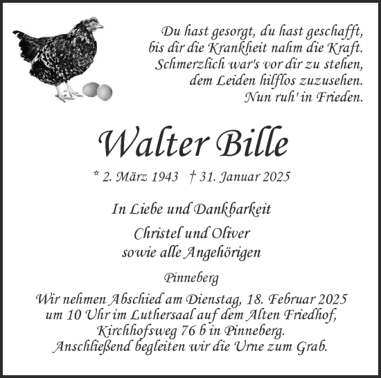 Traueranzeige von Walter Bille von Region Pinneberg und tip Pinneberg