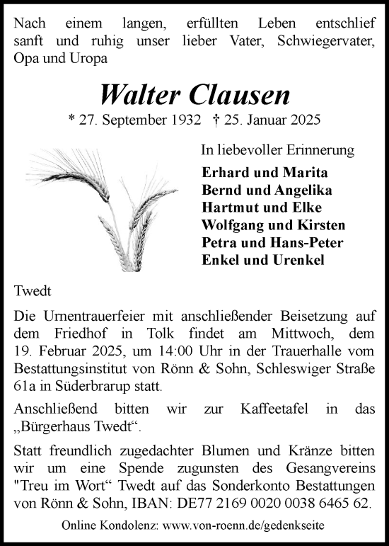 Traueranzeige von Walter Clausen von Schleswiger Nachrichten, Schlei-Bote
