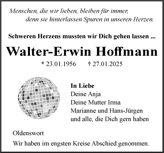 Traueranzeige von Walter-Erwin Hoffmann von Husumer Nachrichten, Nordfriesland Tageblatt