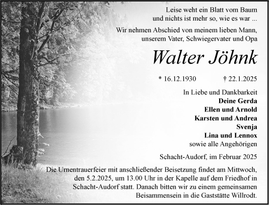 Traueranzeige von Walter Jöhnk von Schleswig-Holsteinische Landeszeitung