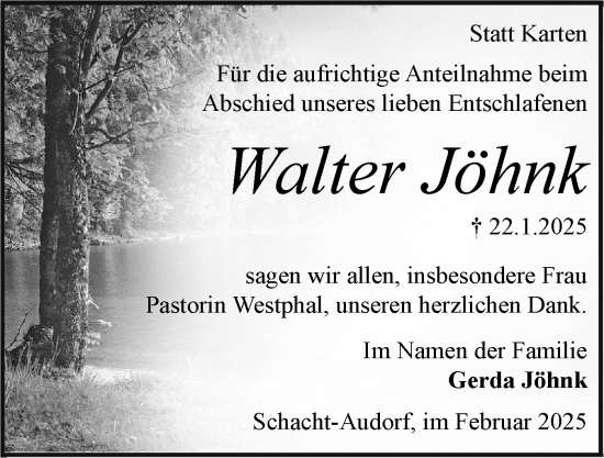 Traueranzeige von Walter Jöhnk von Schleswig-Holsteinische Landeszeitung