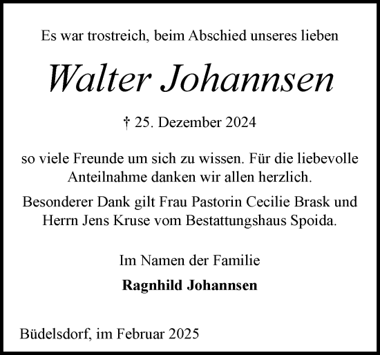 Traueranzeige von Walter Johannsen von Schleswig-Holsteinische Landeszeitung