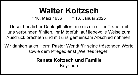 Traueranzeige von Walter Koitzsch von MARKT Ahrensburg/Bargteheide/Trittau und Stormarner Tageblatt