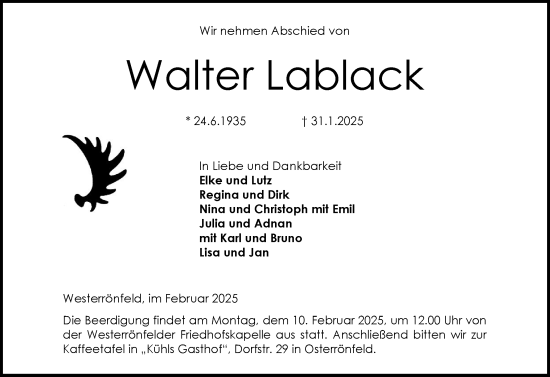Traueranzeige von Walter Lablack von Schleswig-Holsteinische Landeszeitung