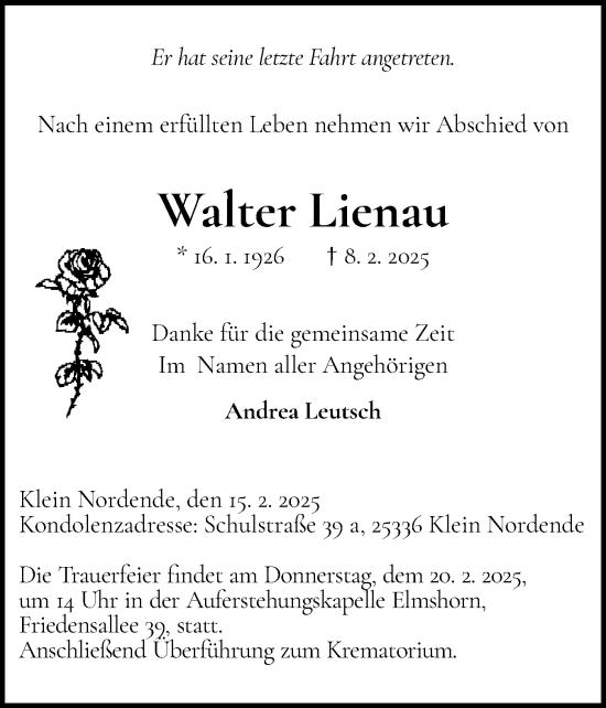 Traueranzeige von Walter Lienau von Elmshorner Nachrichten, Barmstedter Zeitung