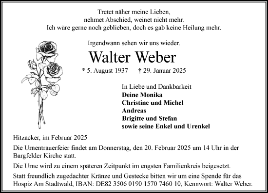 Traueranzeige von Walter Weber von MARKT Ahrensburg/Bargteheide/Trittau und Stormarner Tageblatt