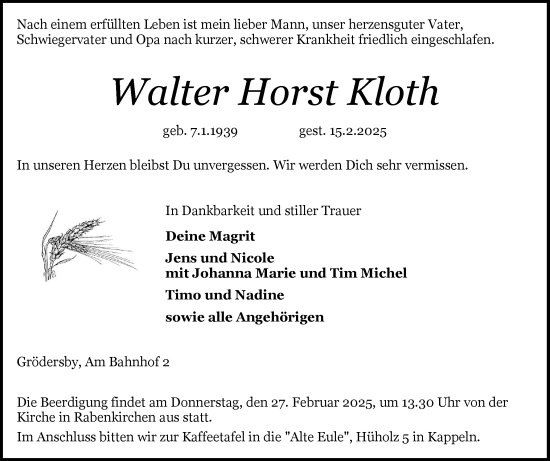 Traueranzeige von Walter Horst Kloth von Schleswiger Nachrichten, Schlei-Bote